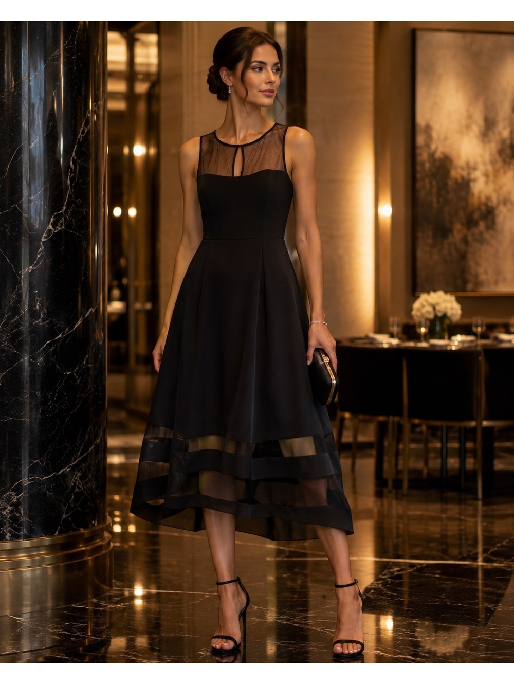 Aidan Mattox Black Crepe Illusion Mesh Cocktail Dress US 10 CA 8